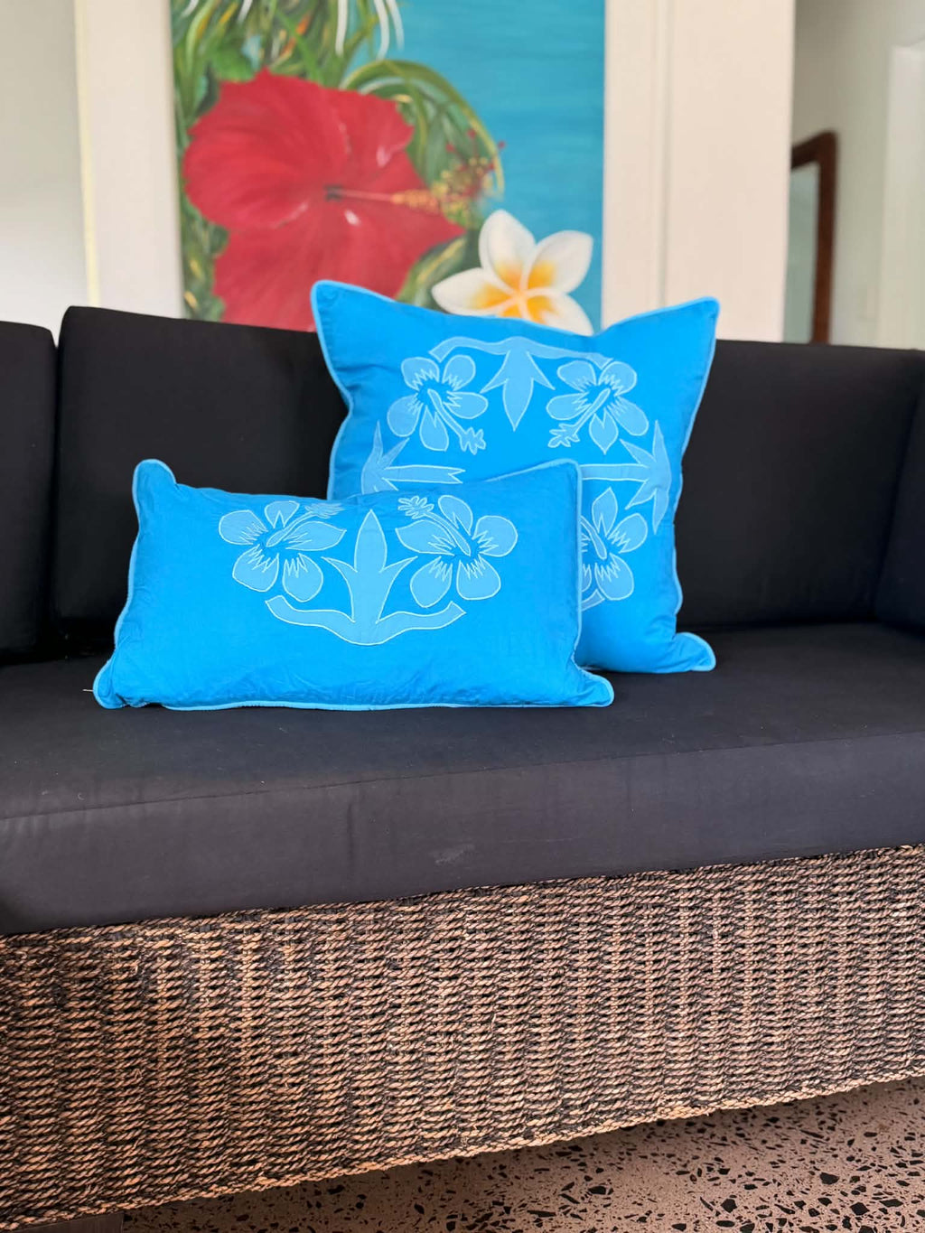 "Nikao" design cushion cover Med Blue with CHF Blue hibiscus