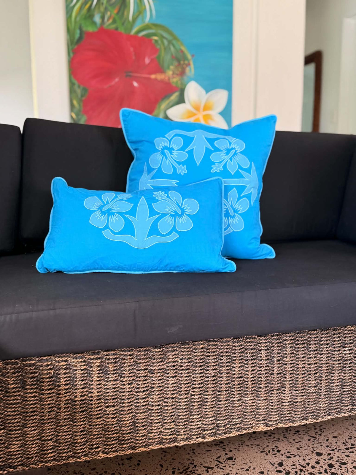 "Nikao" design cushion cover Med Blue with CHF Blue hibiscus