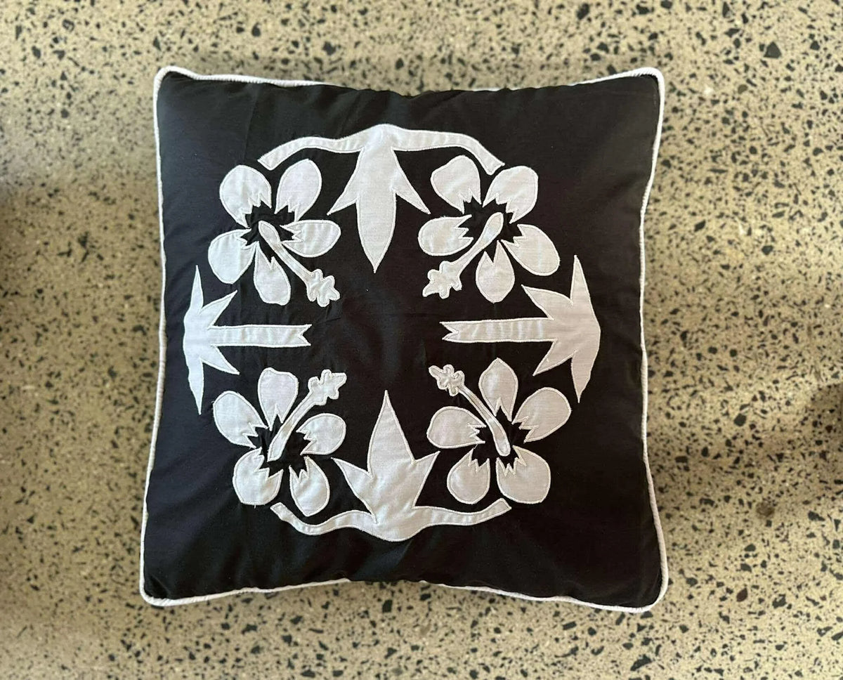 "Nikao" design cushion cover black with white hibiscus