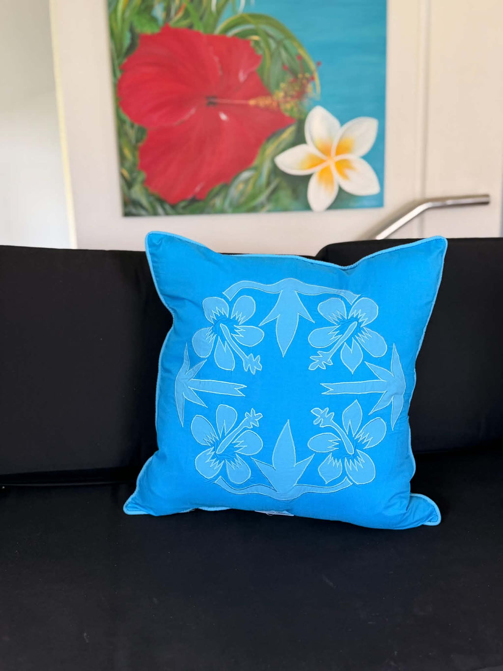 "Nikao" design cushion cover Med Blue with CHF Blue hibiscus