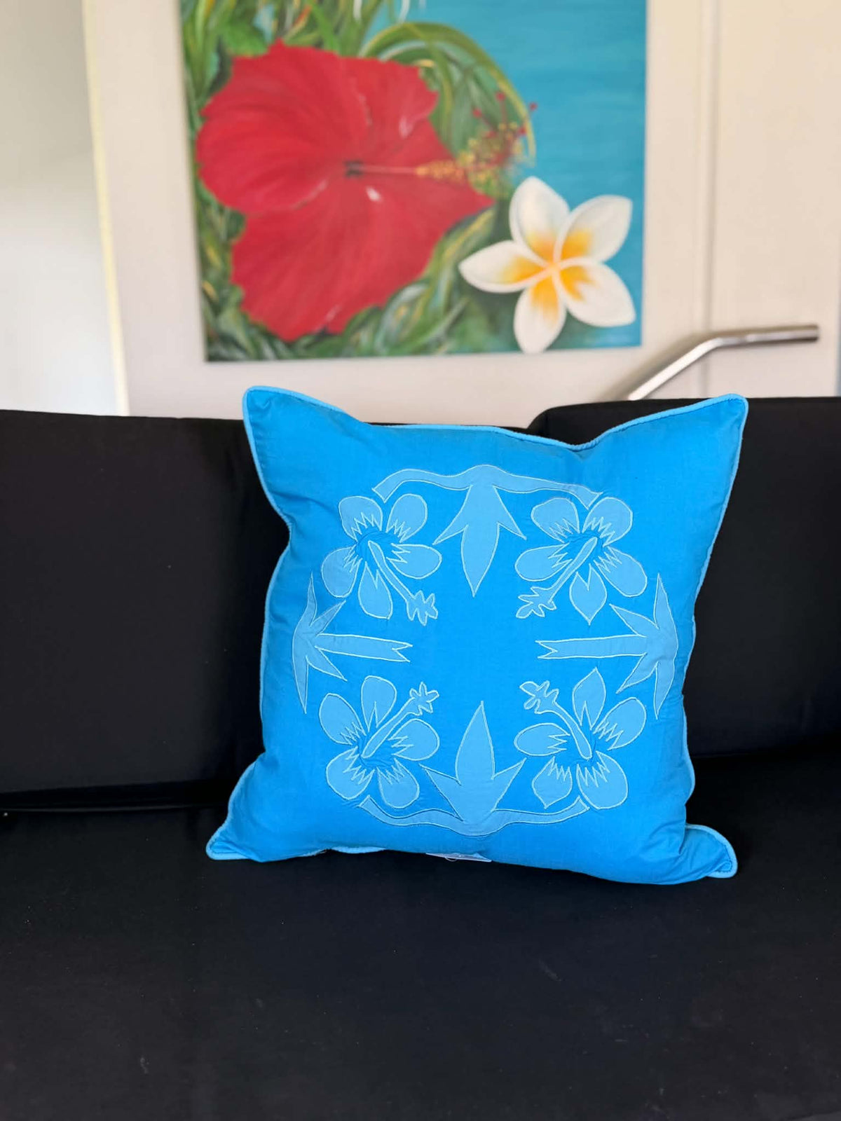 "Nikao" design cushion cover Med Blue with CHF Blue hibiscus