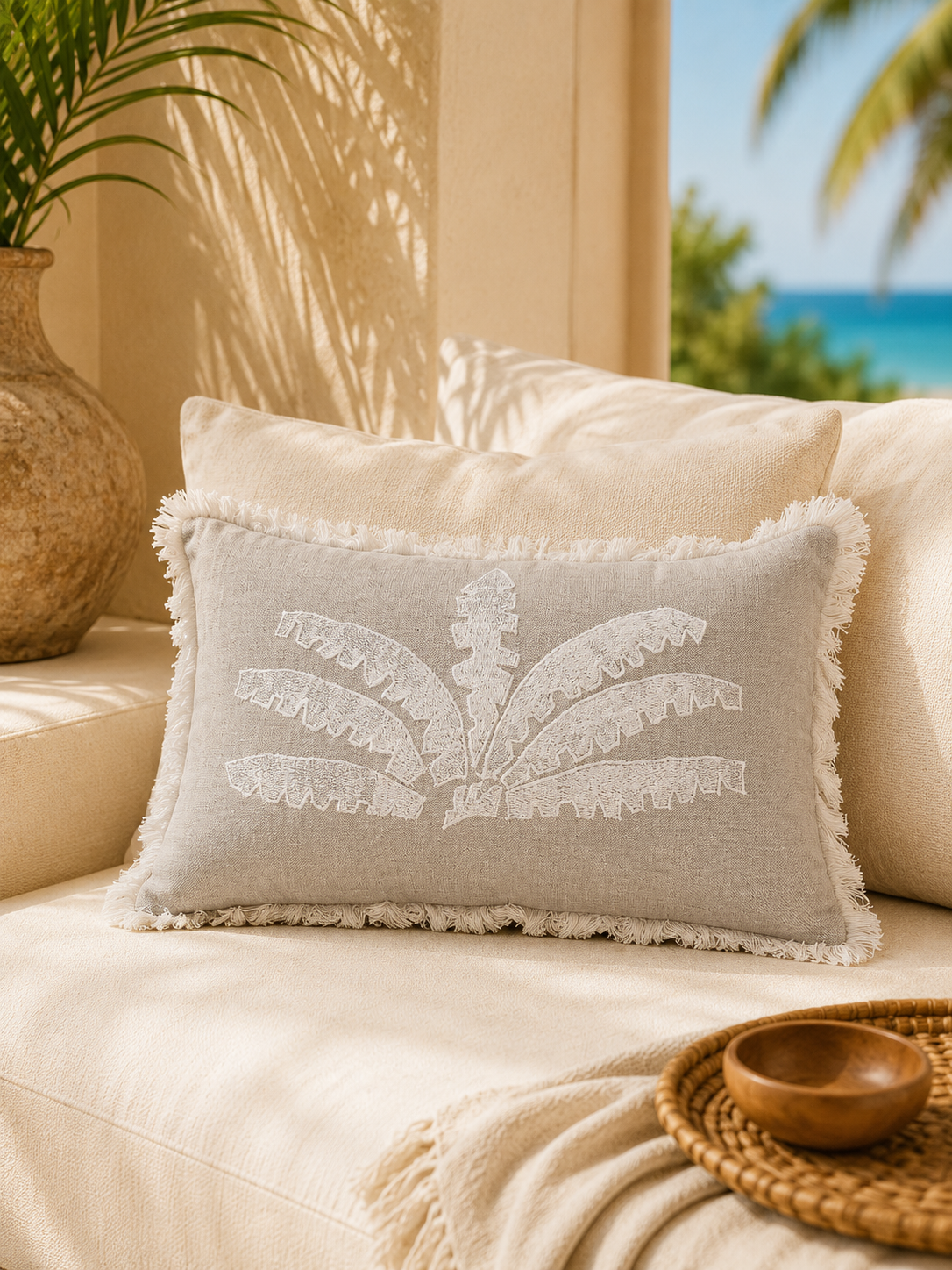Fringed palm on linen 50cm x 30cm