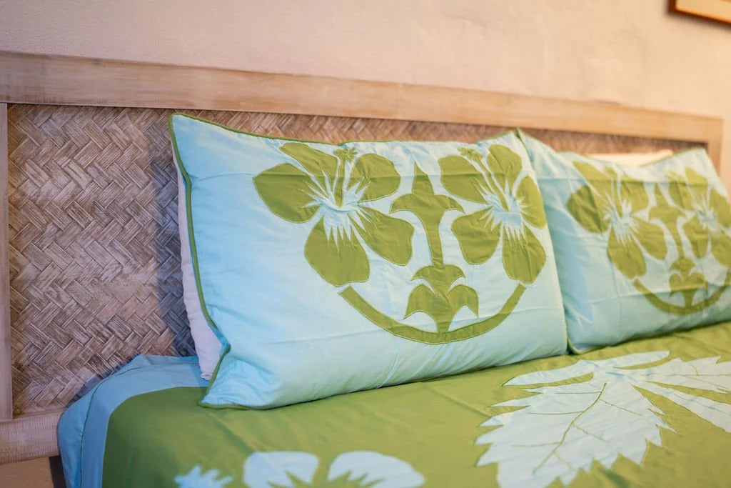 'Nikao' Palm Green with Lt Tosca Hibiscus Tivaevae Duvet or Bed Cover