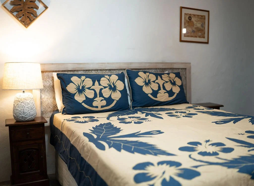'Nikao' design Mocca with Navy Blue Hibiscus Tivaevae Duvet or Bed Cover
