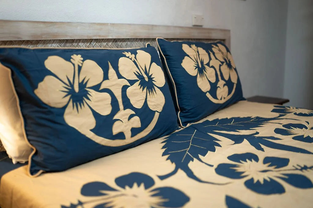 'Nikao' design Mocca with Navy Blue Hibiscus Tivaevae Duvet or Bed Cover