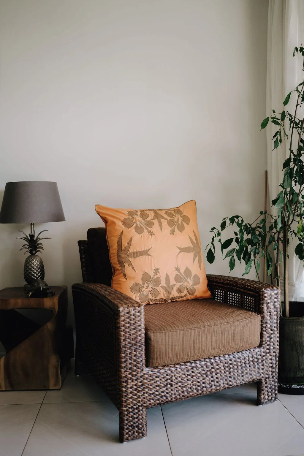 "Nikao" design cushion cover orange with brown hibiscus