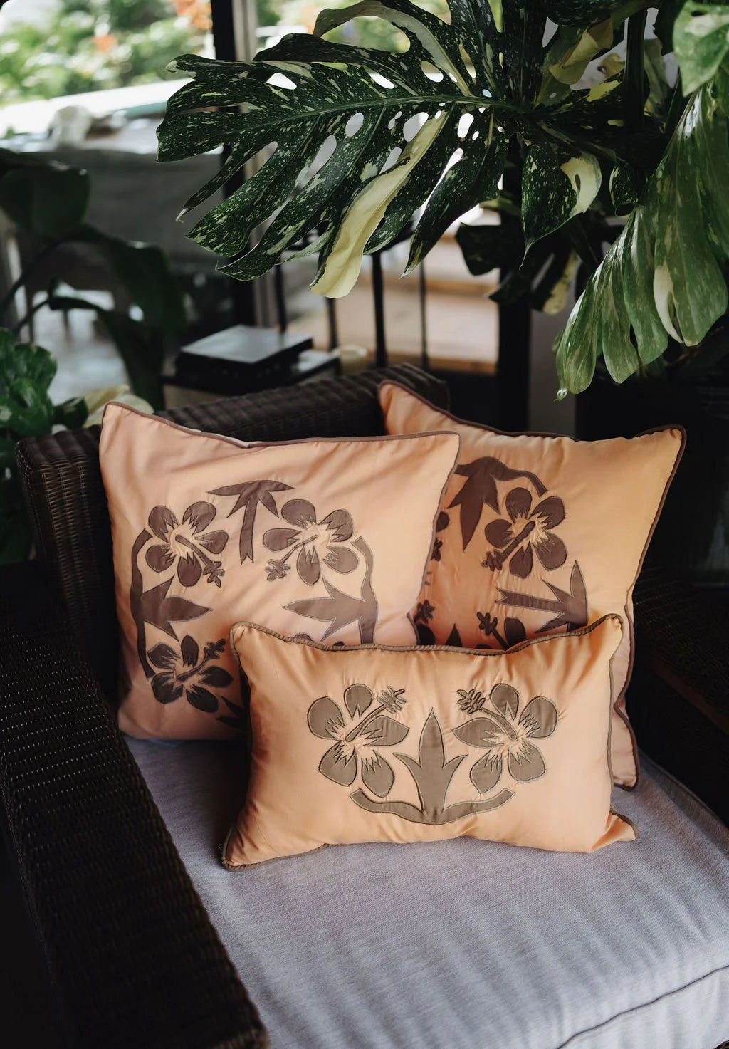 "Nikao" design cushion cover orange with brown hibiscus