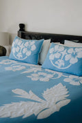 Linen / Cotton Soft Blue with white hibiscus Tivaevae Bedcover