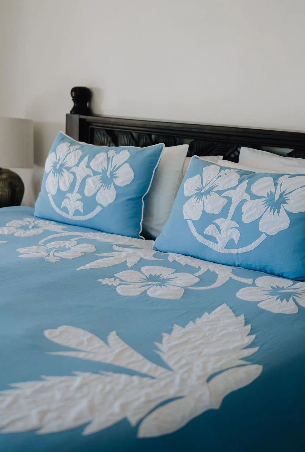 Linen / Cotton Soft Blue with white hibiscus Tivaevae Bedcover
