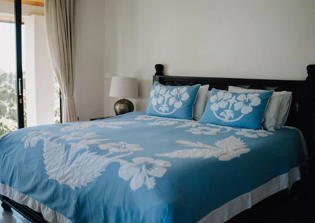 Linen / Cotton Soft Blue with white hibiscus Tivaevae Bedcover