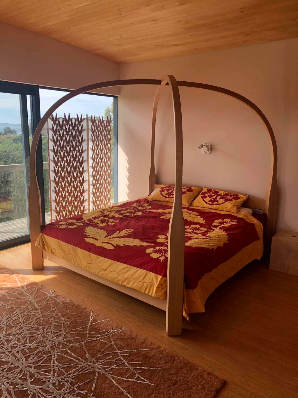 'Nikao' Red with Yellow Hibiscus Tivaevae Bed Cover