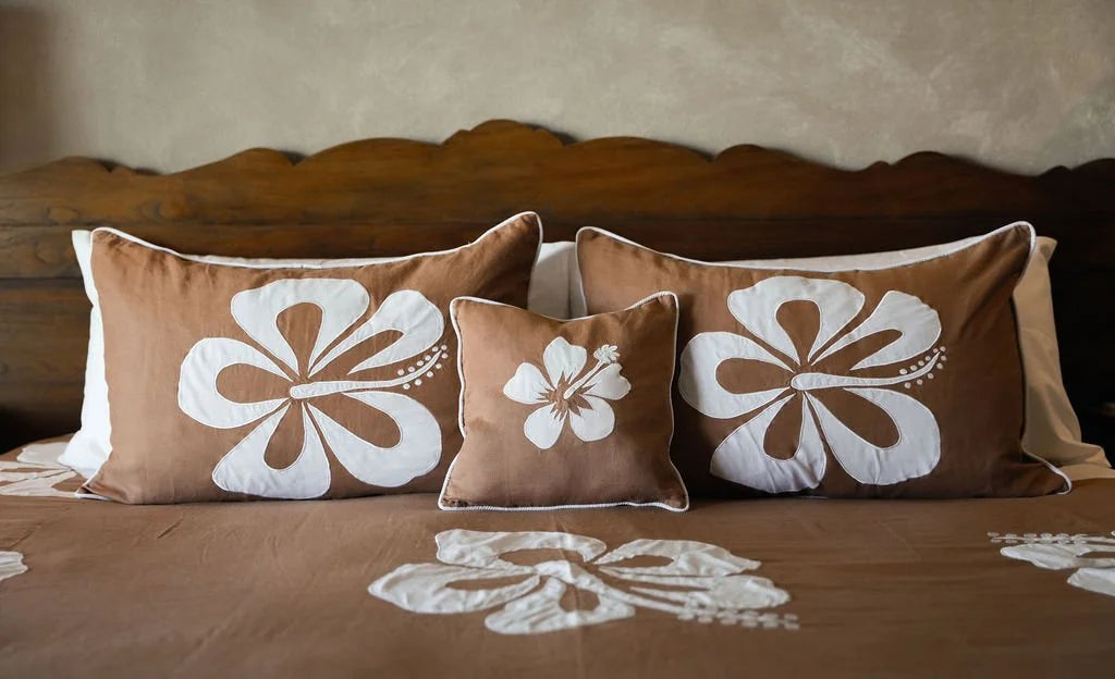 Single hibiscus on brown linen cushion cover 35 x 35cm