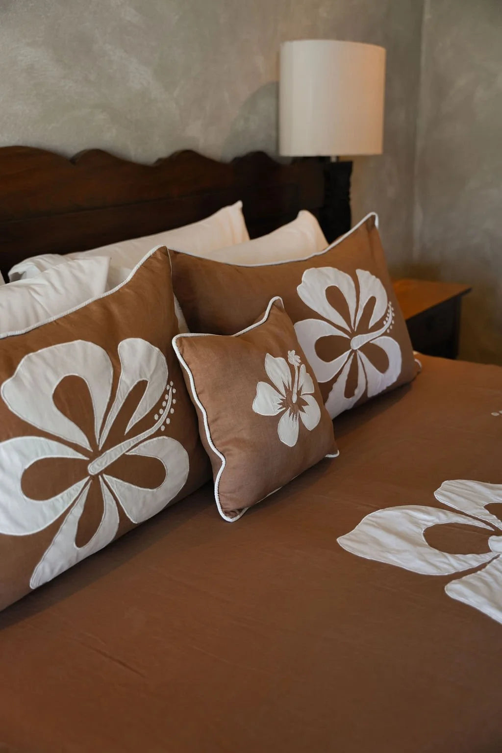 Single hibiscus on brown linen cushion cover 35 x 35cm
