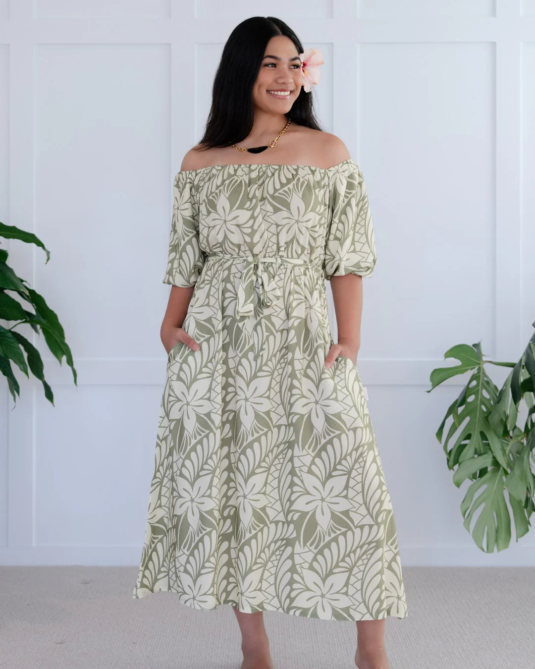Islakoko Zendaya Women's off shoulder island dress: Lagoon Sage
