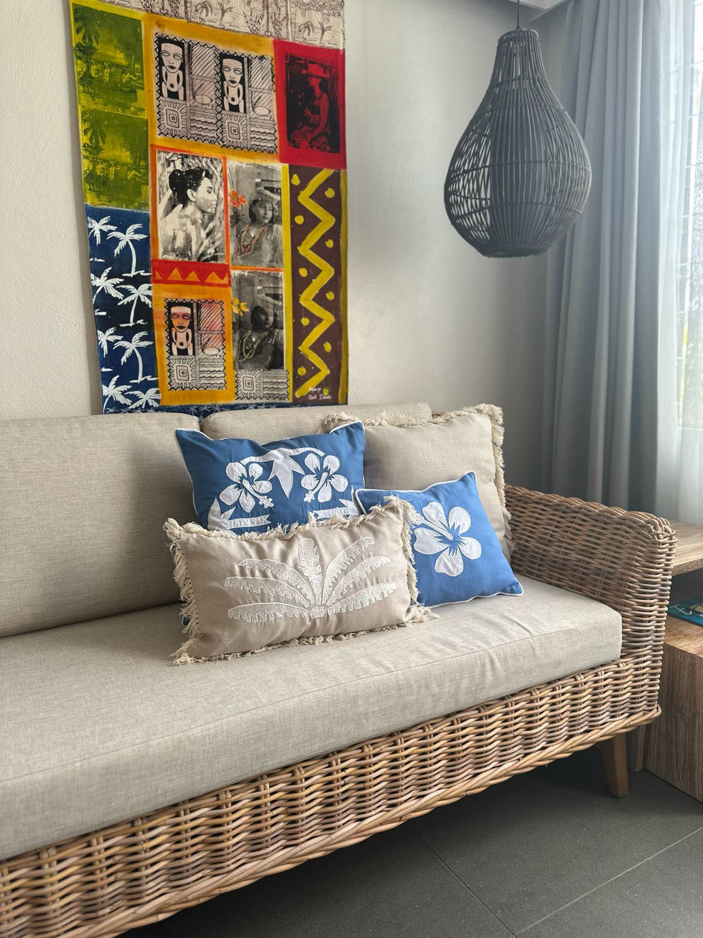 'Nikao' design Hibiscus Cushion Covers blue with white