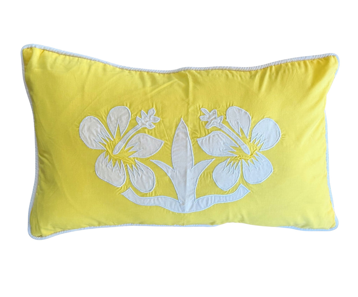 "Nikao" design cushion cover yellow with white hibiscus