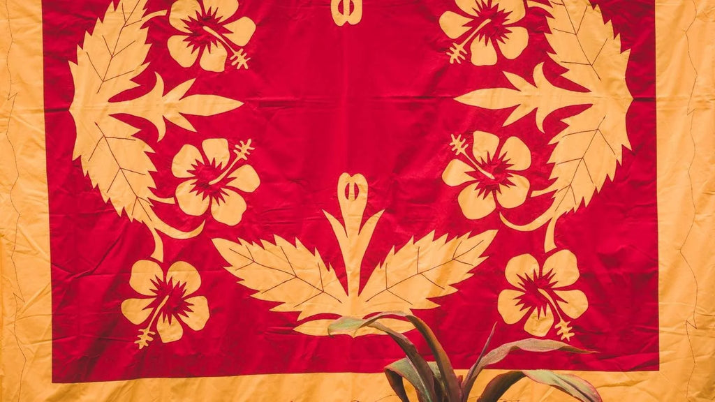 'Nikao' Red with Yellow Hibiscus Tivaevae Bed Cover